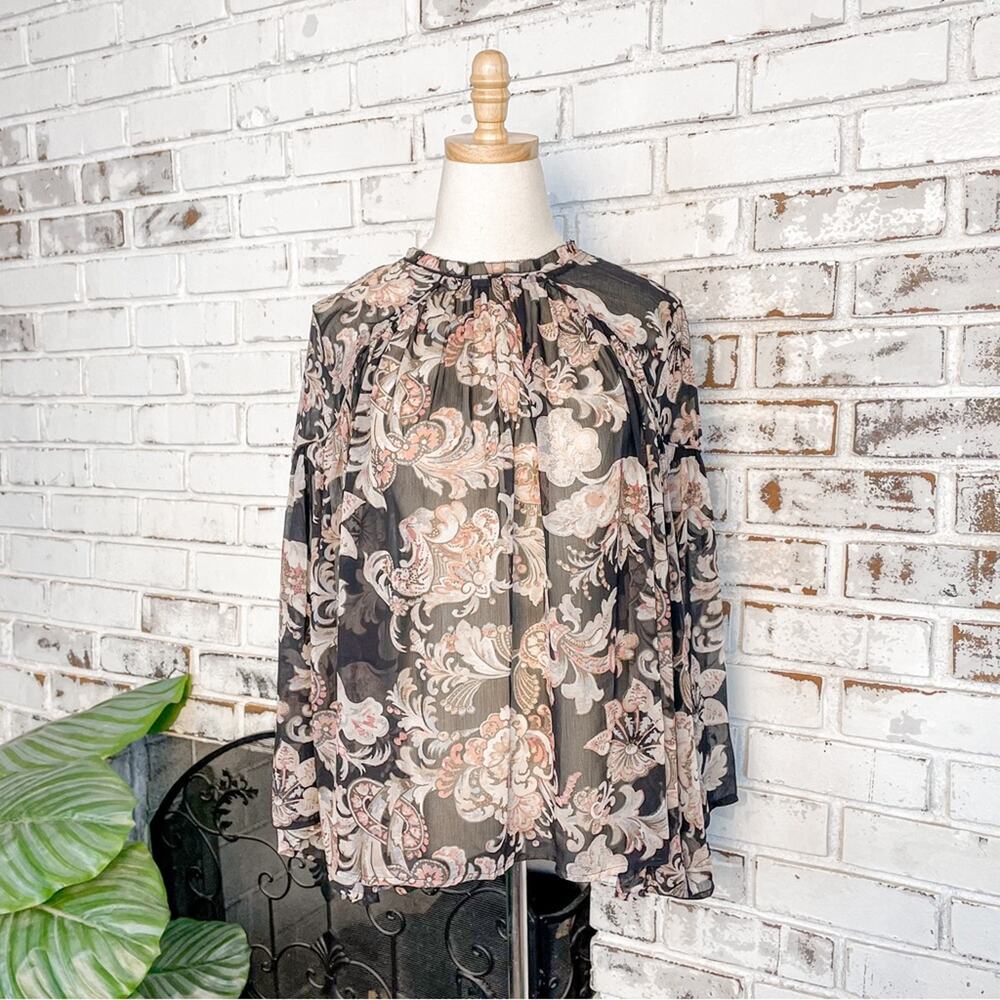 Sheer Paisley Dark Floral Black Pink Flare Sleeve Flowy Gathered Shoulder Blouse